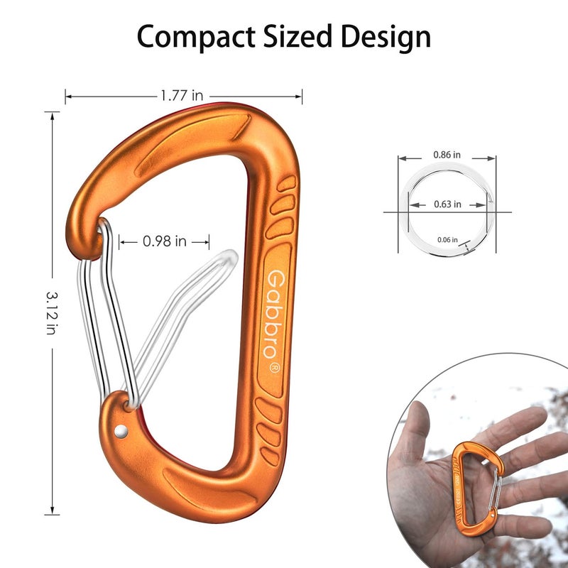 Gabbro Carabiner Clips Heavy Duty 12kN (2697 lbs), | 3.2 Inch, Aluminum, Wiregate Snap, Lightweight, 4 Pack | for Hammock, Hiking, Camping, Water Bottle, Dog Leash Harness, Keychains - Orange - Image 4